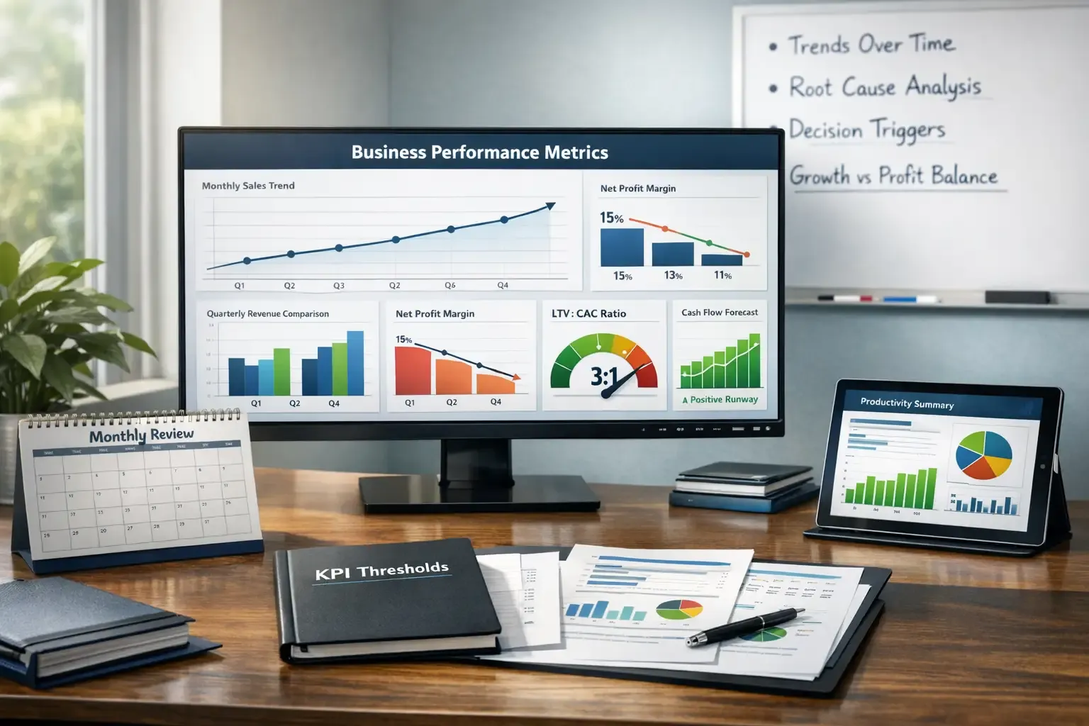 Office desk with KPI dashboard showing trends and profit metrics